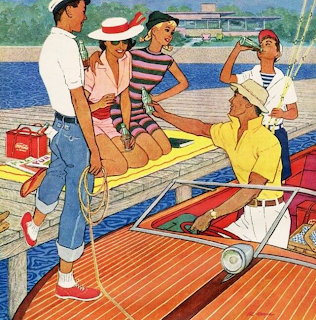 Four people sitting on a wooden dock by a lake with a boat and sailboat in vintage illustration style