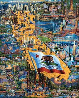 Vibrant illustrated collage of Northern California landmarks and scenes with state flag in foreground