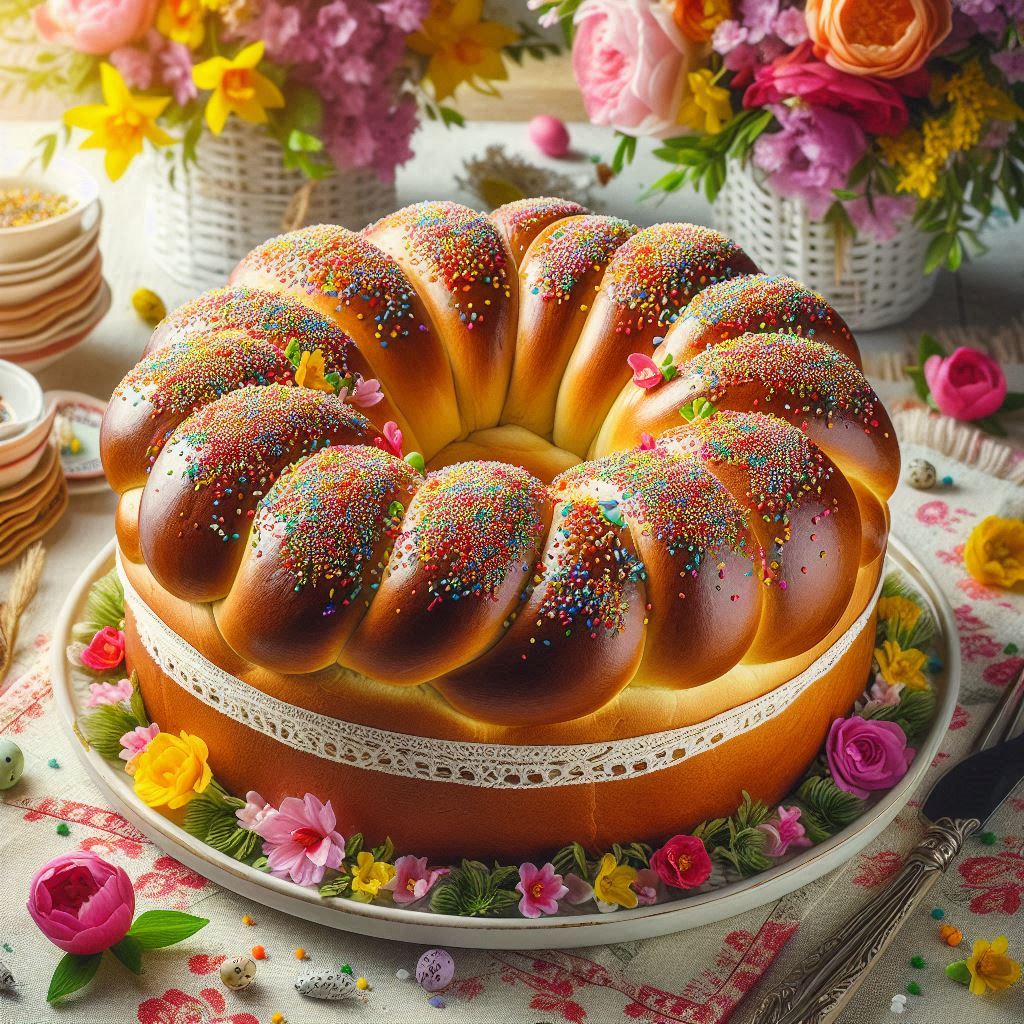 Braided circular tsoureki bread with sesame seeds on floral plate surrounded by roses and spring flowers