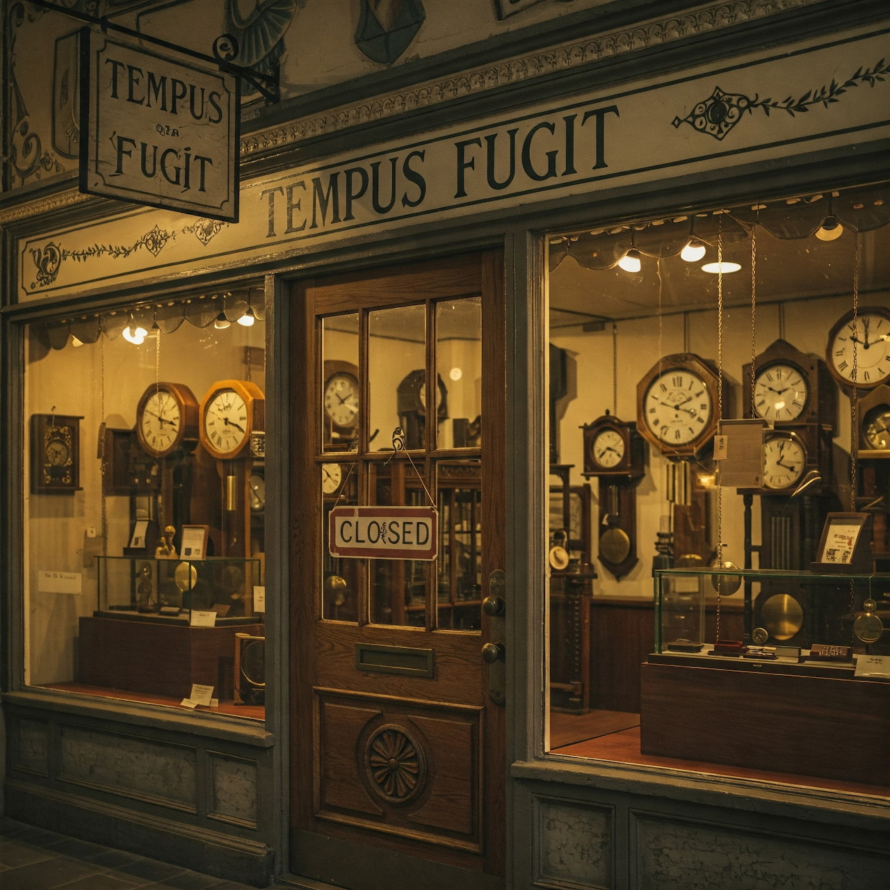 Vintage clock shop storefront with display windows full of antique clocks and a closed sign on the door
