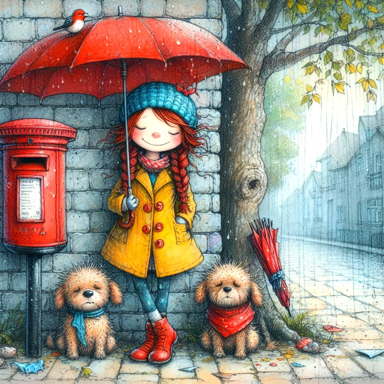 Illustration of girl in yellow coat with red umbrella and two dogs on rainy cobblestone street