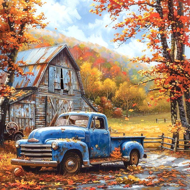 Old blue pickup truck parked by a rustic barn in a colorful autumn landscape