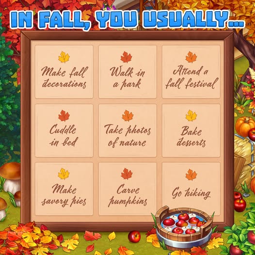 Autumn-themed illustration with a board listing fall activities, framed by leaves, pumpkins, apples, and vegetables.