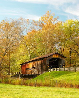Red-brown covered bridge on a grassy hill surrounded by autumn trees with yellow and green foliage