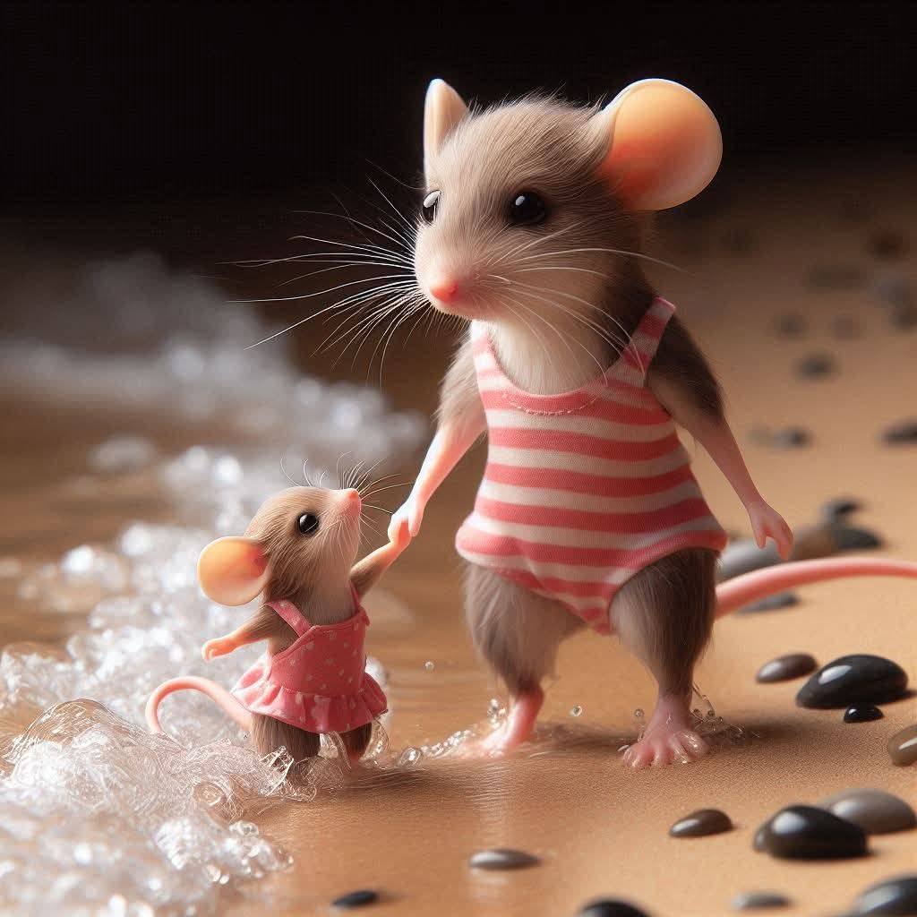 A mouse in a striped swimsuit holding a baby mouse's hand on a sandy beach by the surf