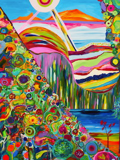 Colorful abstract painting with flowers, hills, water, and a bright sunset
