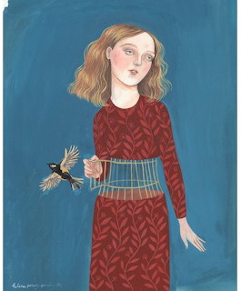 Illustration of woman in red dress with birdcage around waist and flying bird against blue background