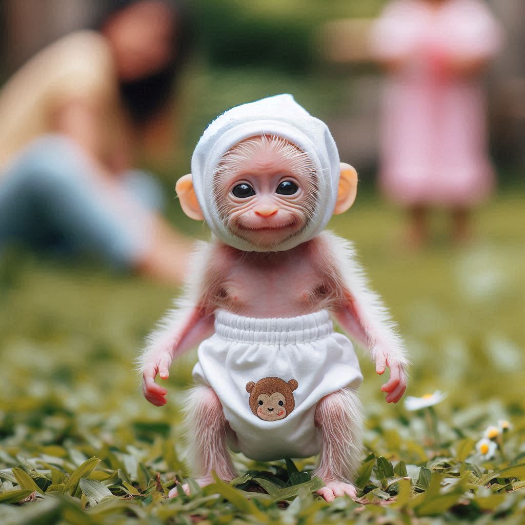 Baby monkey in a white bonnet and diaper standing on grass outdoors