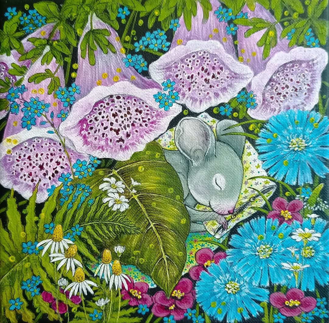 Mouse sleeping on green leaf surrounded by colorful flowers and mushrooms in enchanted garden setting
