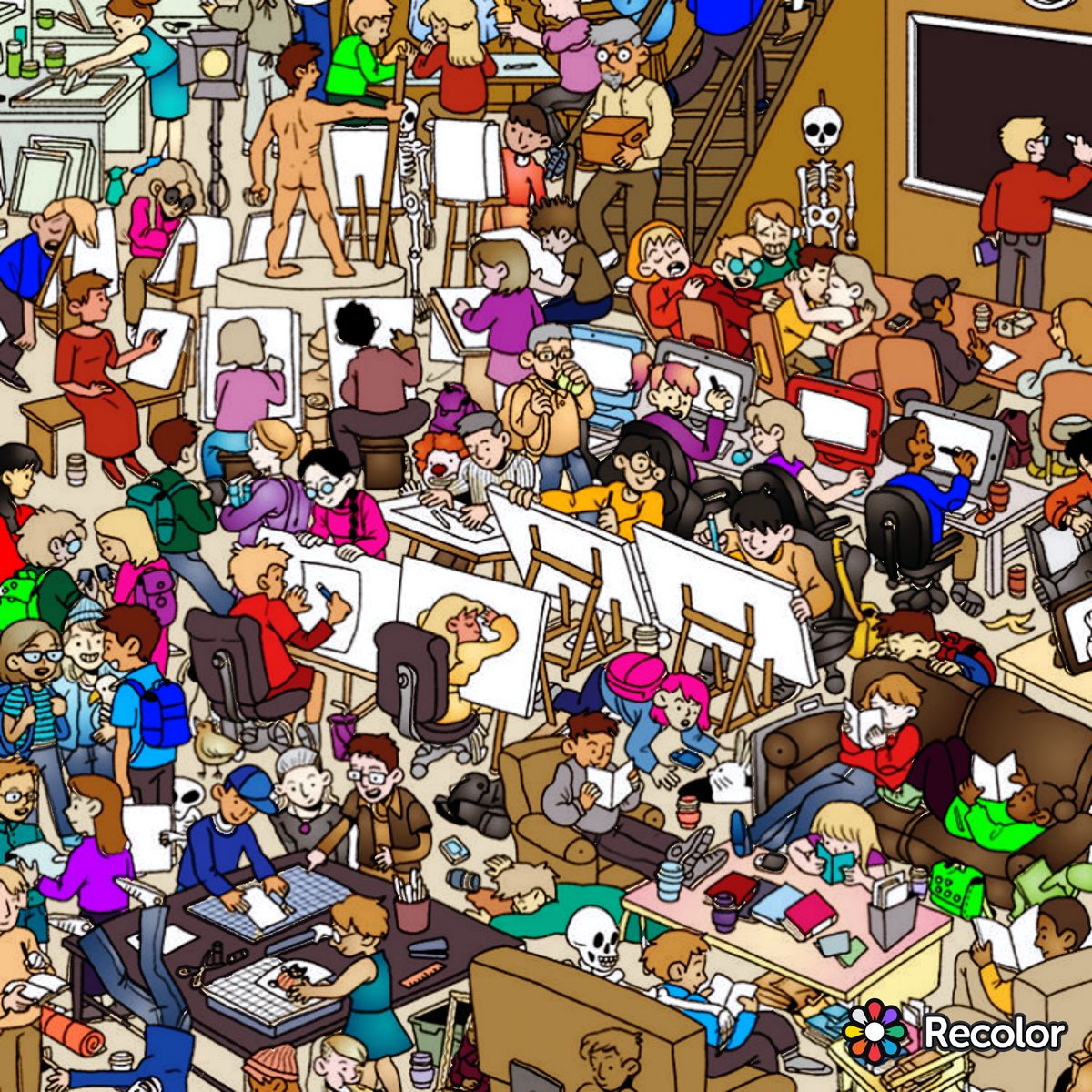 Crowded cartoon illustration of a busy art class with many students painting and drawing at easels and desks
