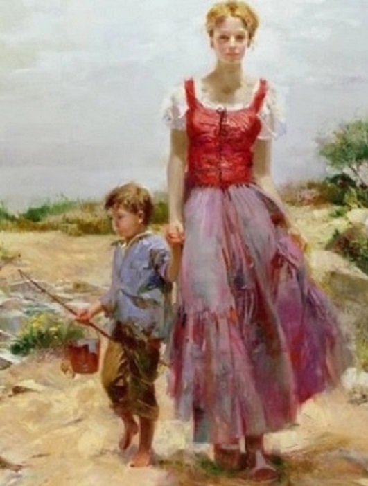 Painting of a woman in a red dress and a child with a bucket walking along a sandy coastal path.