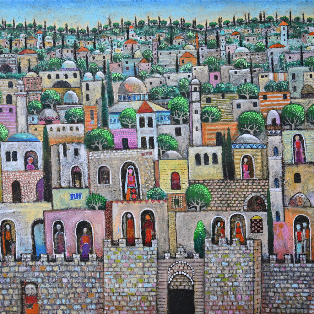 Painting of densely packed Middle Eastern stone houses with colorful walls, domes, and arched doors on a hillside