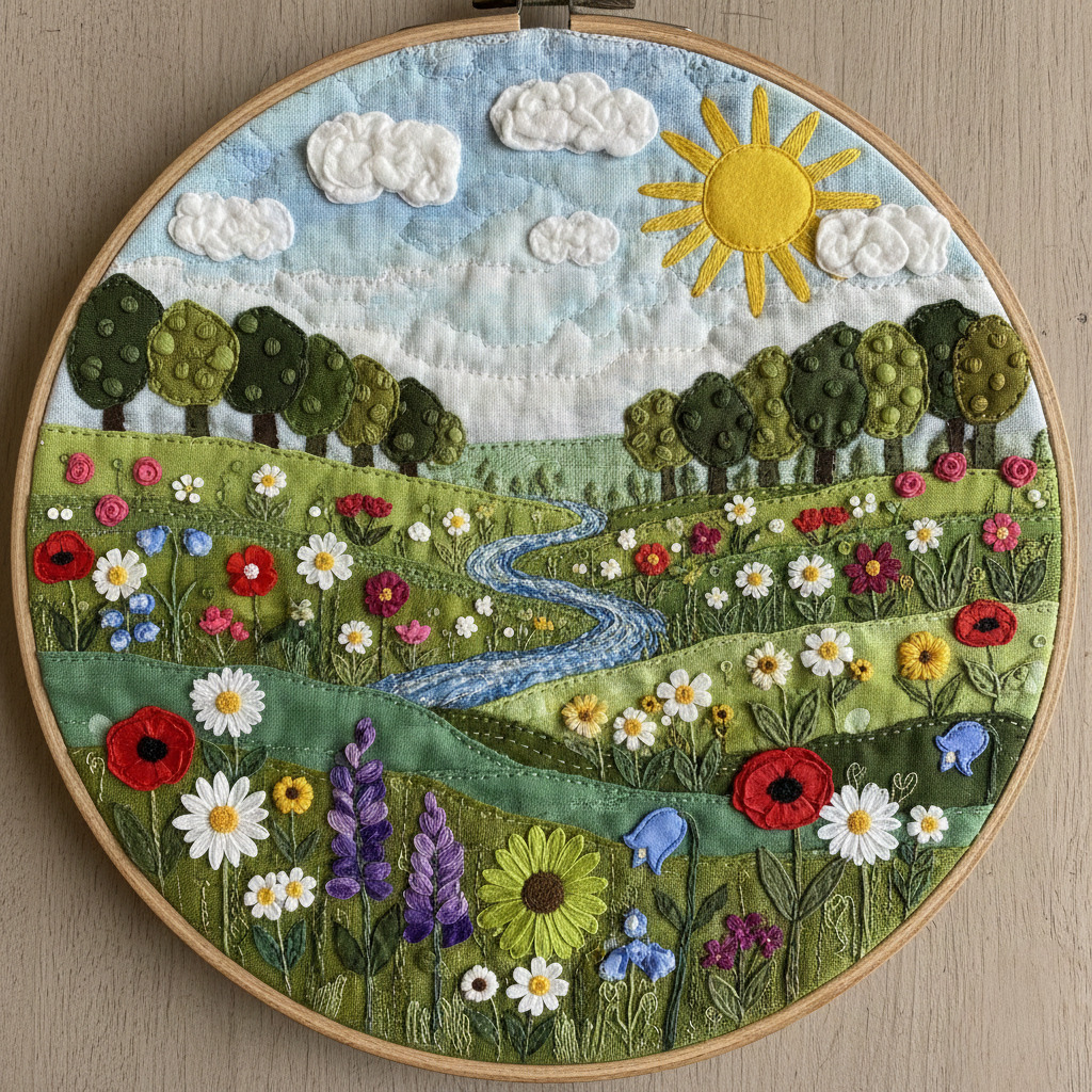 Circular needlepoint embroidery of meadow with flowers, trees, stream, sun and clouds in embroidery hoop