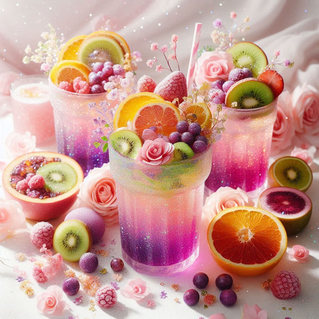 Pastel fruit drinks topped with citrus, kiwi, grapes, and roses on a pink surface
