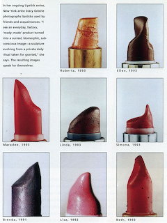 Grid of nine close-up photographs of different colored used lipsticks labeled with names and dates