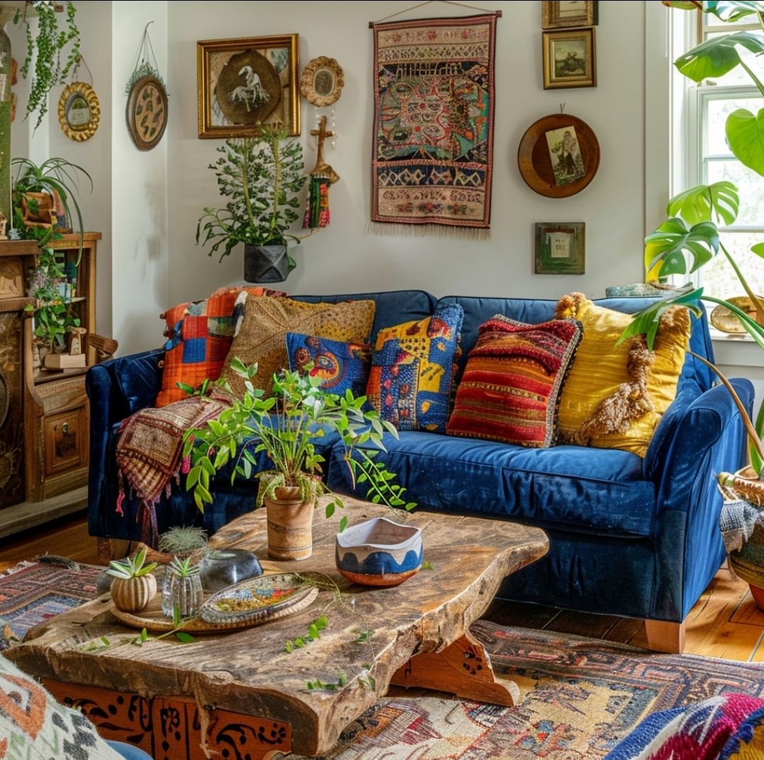 Bohemian living room with blue sofa, colorful pillows, houseplants, wooden table, and eclectic wall decor