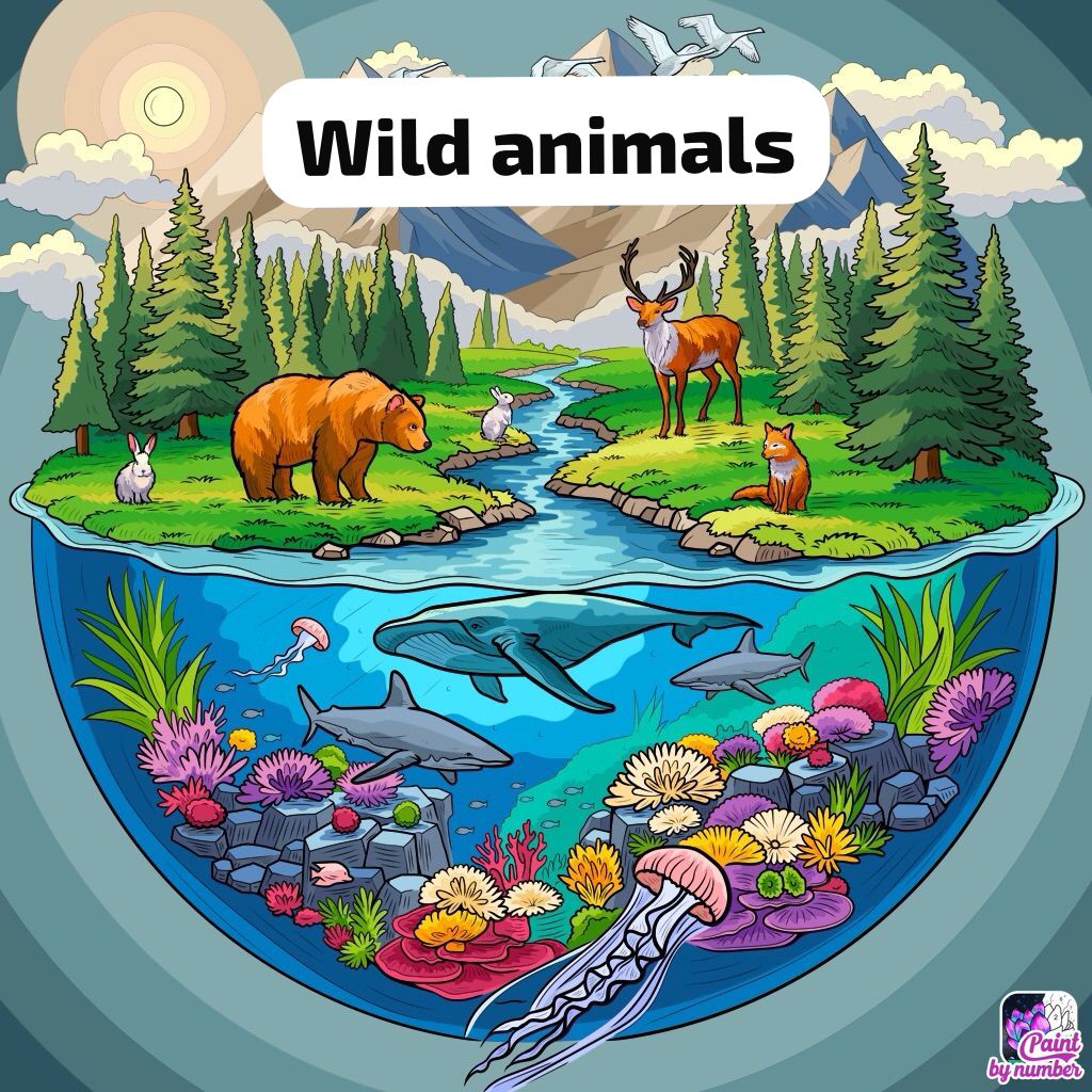 Split illustration of wildlife above water with bear and deer in forest, and underwater scene with whale and coral reef