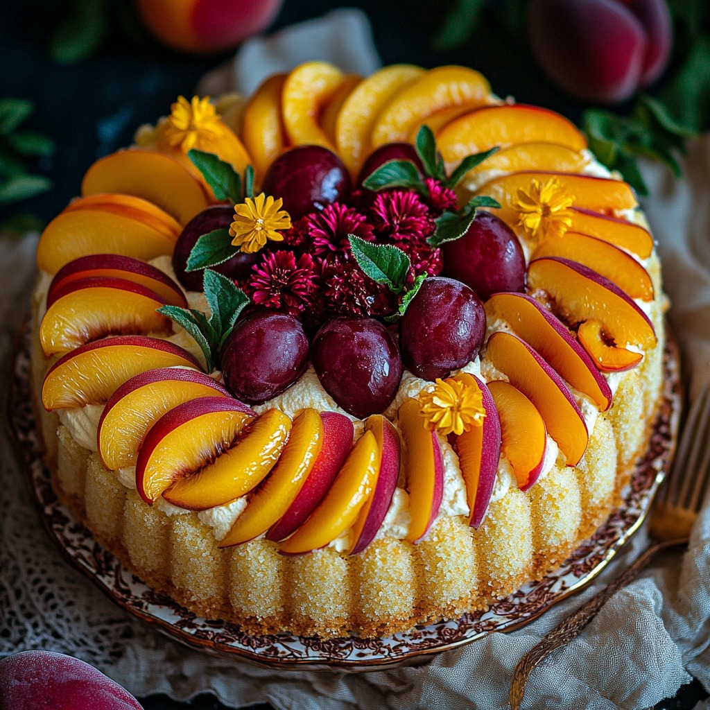 Round cake topped with peach slices, plums, and edible flowers