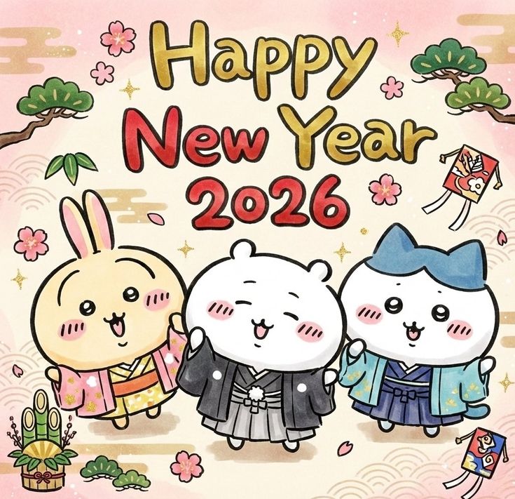 Chiikawa cartoon characters in kimono with Happy New Year 2026 text and festive decorations