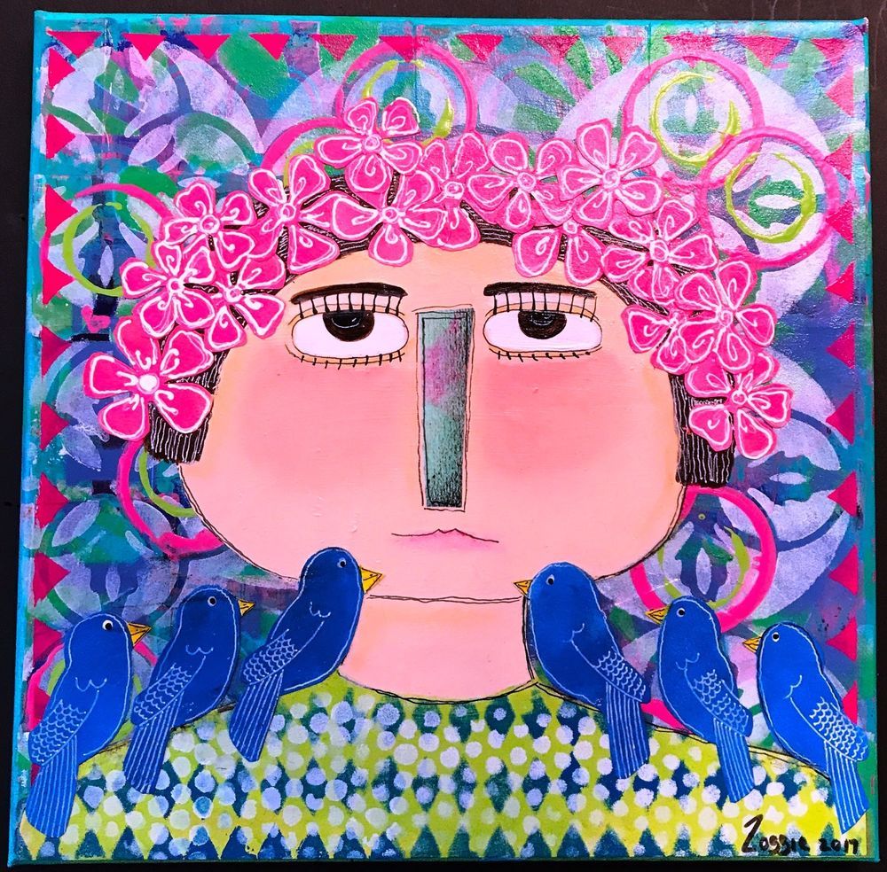 Naive folk art painting of girl with pink face, flower crown, and blue birds on shoulders