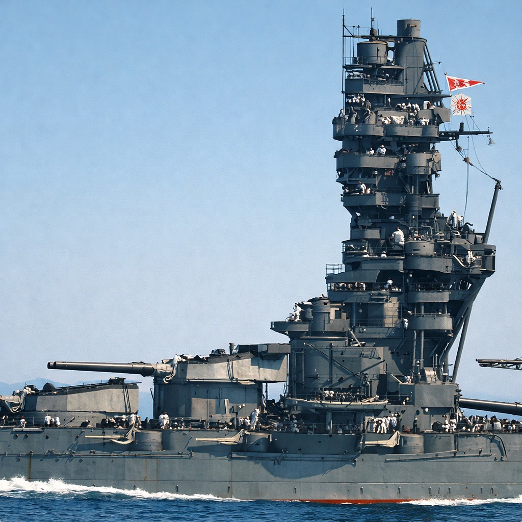 Japanese battleship with tall pagoda mast structure sailing on ocean