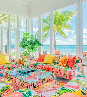 Vibrant beach house interior with tropical patterned sofas, large windows overlooking ocean and palm trees