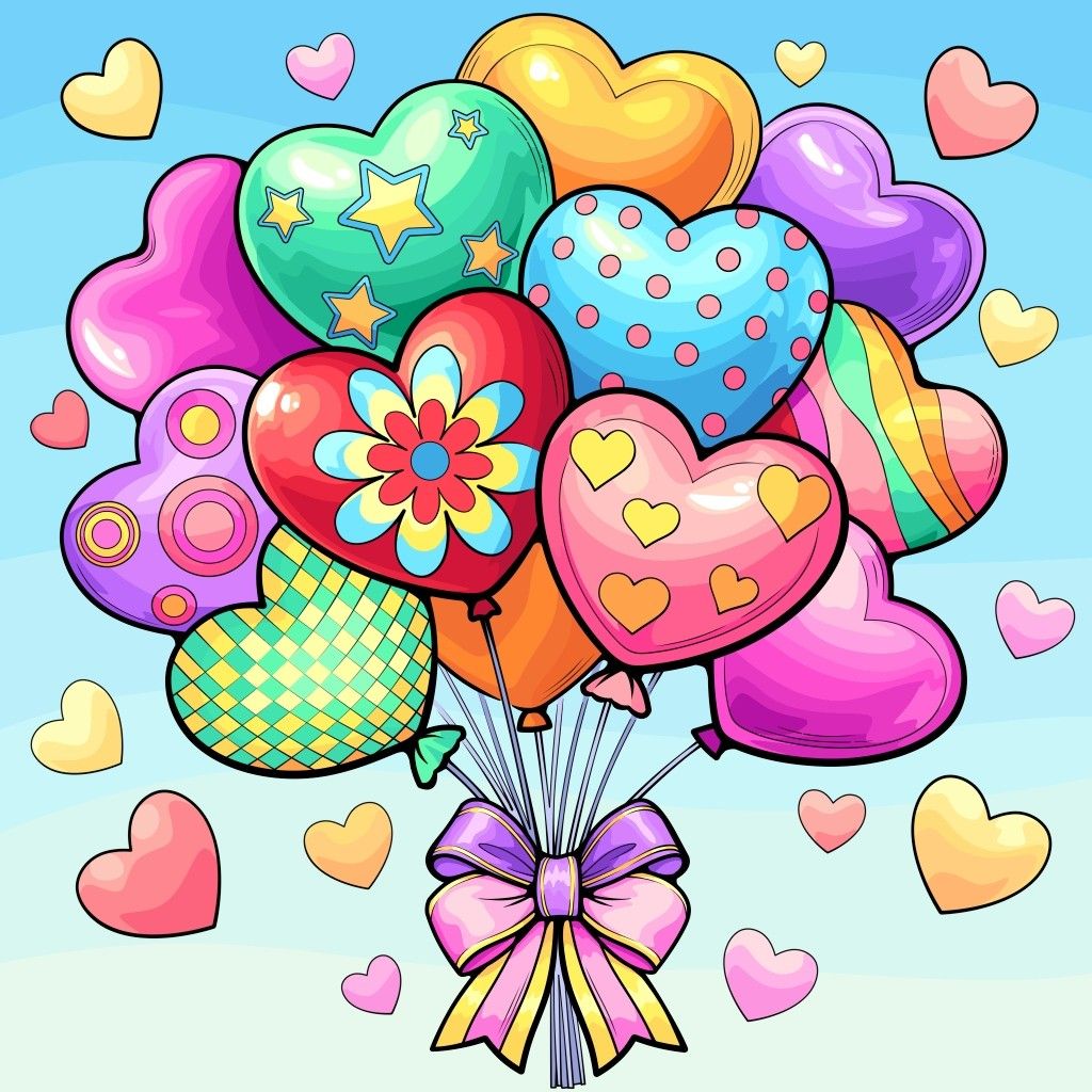 Cluster of colorful patterned heart balloons tied with purple ribbon on light blue background
