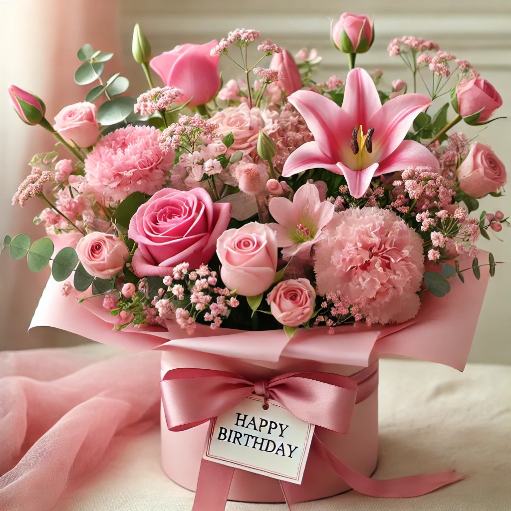 Lush pink flower bouquet with roses, lilies and carnations wrapped in pink paper with birthday tag