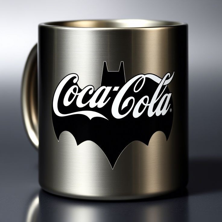 Brushed metal mug with a black bat-shaped graphic and white script on a reflective surface