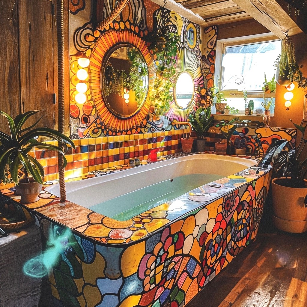 Colorful mosaic bathtub in bohemian bathroom with plants and decorative mirror