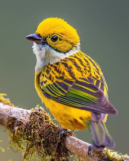 Close-up of a silver-throated tanager with yellow and black striped feathers perched on a mossy branch