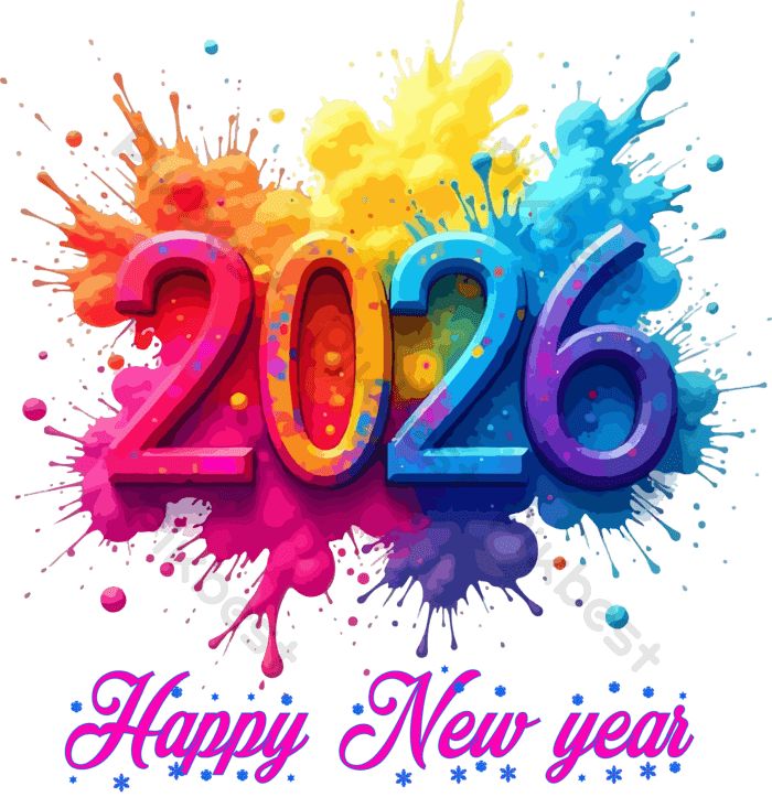 Colorful 2026 numbers with paint splashes and Happy New Year text