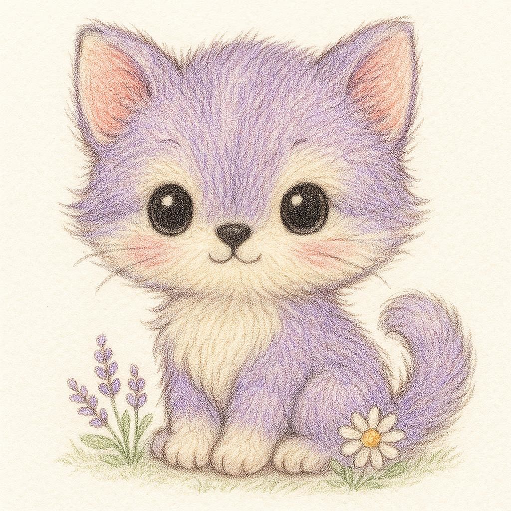 Pastel drawing of a cute purple kitten sitting on grass beside small flowers