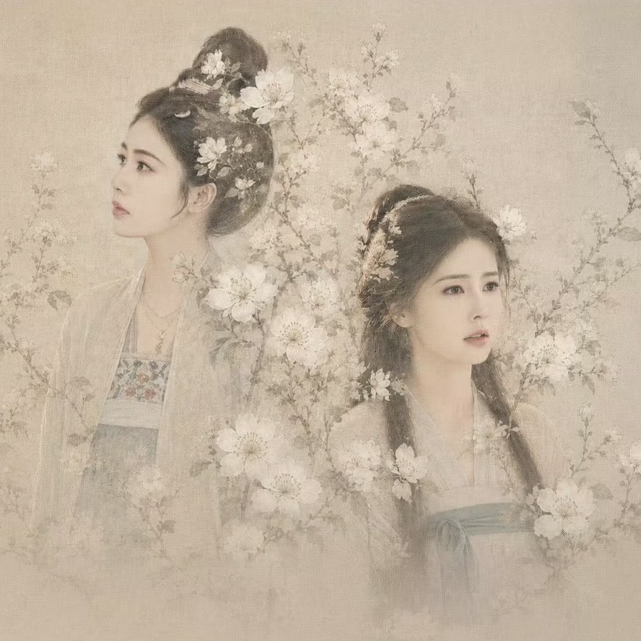 Soft painting of two young women in traditional clothing among white flowers