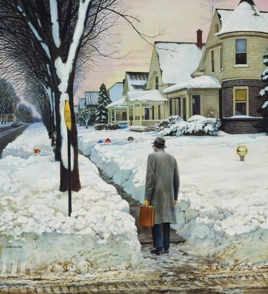 Man with suitcase walking along a snowy sidewalk past Victorian houses in winter, illustrated painting