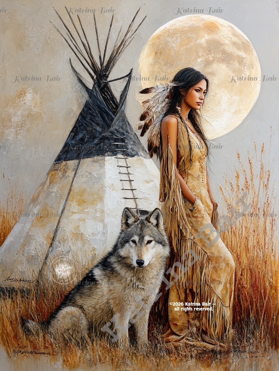 Native American woman in buckskin dress with wolf and teepee under full moon