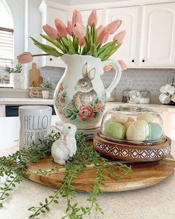 Easter Kitchen Display with Bunny and Tulips