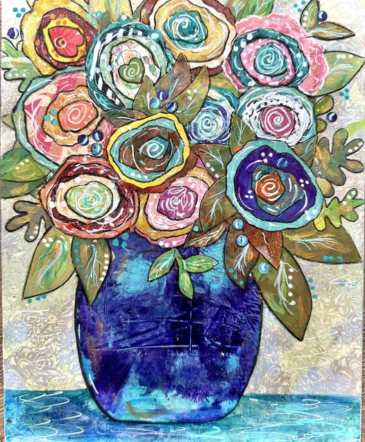 Mixed-media art of decorative flowers with spiral paper circles in a blue vase against a textured backdrop