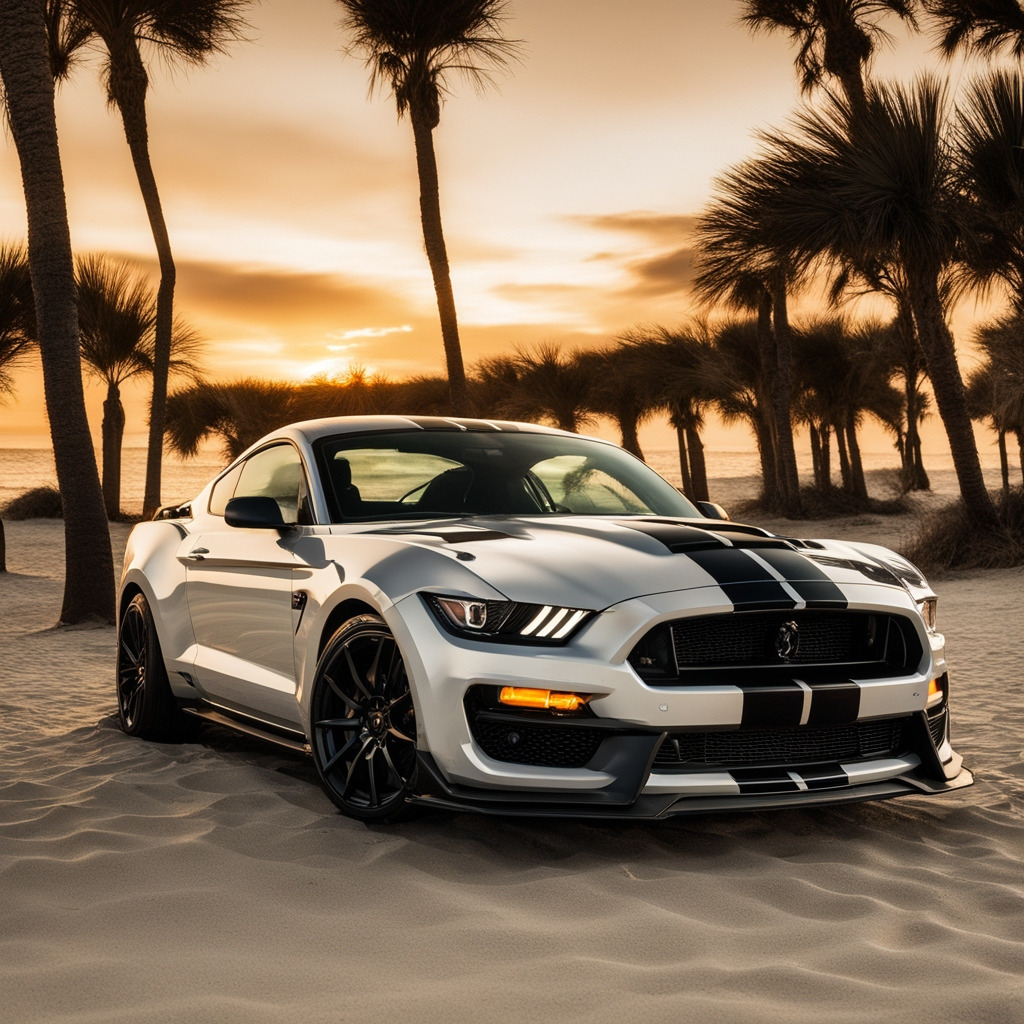 White Mustang sports car with black stripes on beach with palm trees at sunset