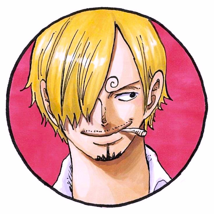 Anime character with blonde hair, goatee, and cigarette smirking against pink circular background