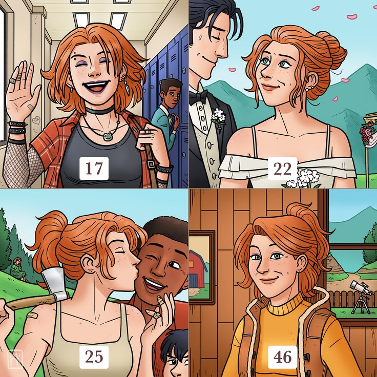 Four-panel cartoon of a red-haired woman shown at ages 17, 22, 25, and 46