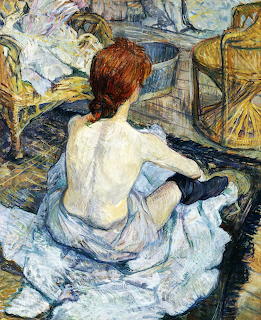 Post-Impressionist painting of woman with red hair seen from behind at dressing table