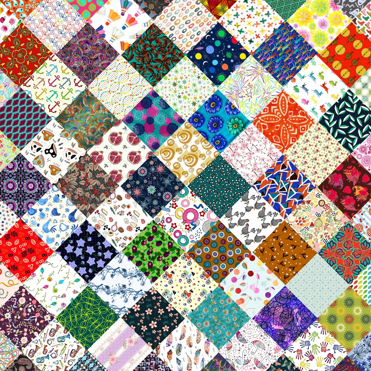 Colorful patchwork quilt with diverse fabric patterns arranged in diagonal squares