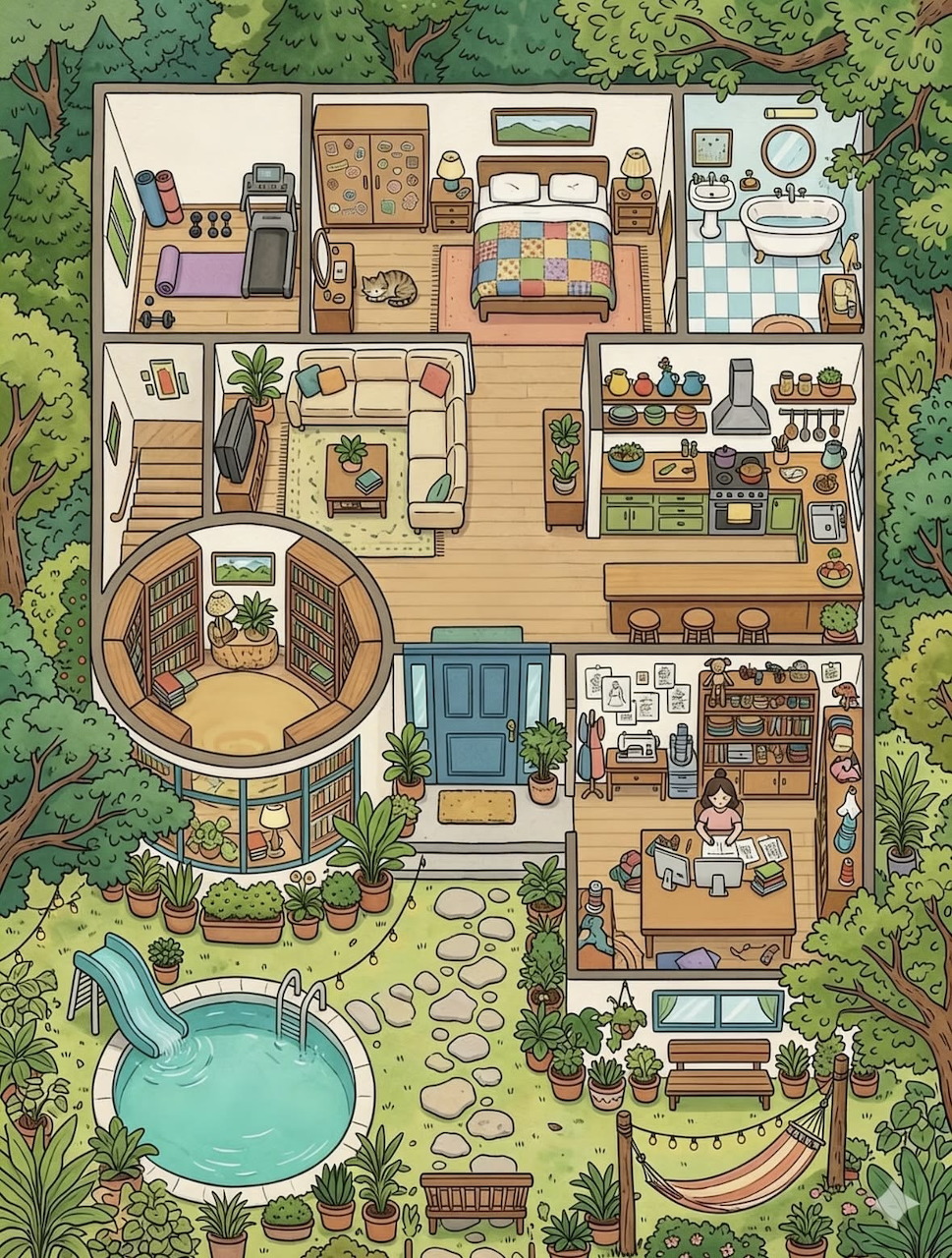 Top-down illustration of a cozy house with rooms, garden, and swimming pool surrounded by trees