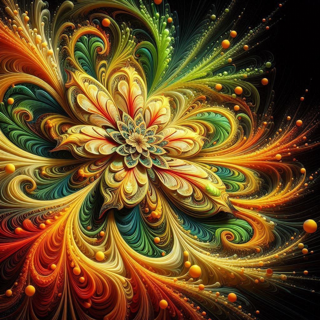 Colorful abstract floral swirl with layered glowing petals on a black background