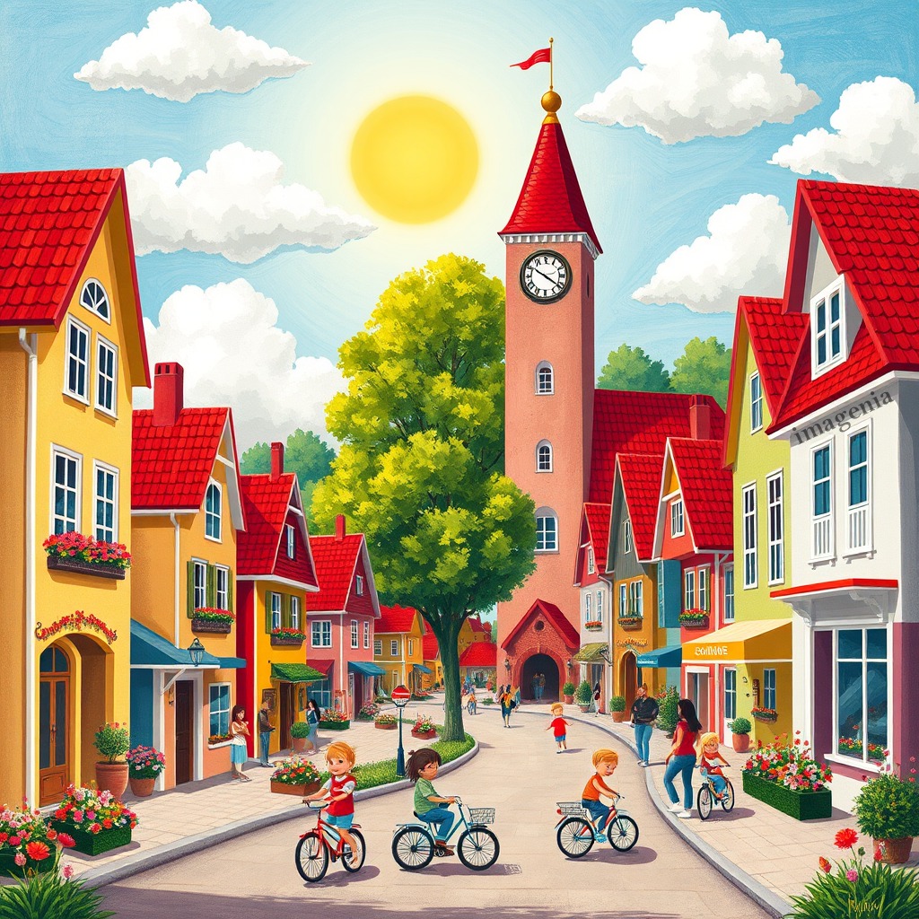 Illustration of a vibrant village street with colorful buildings, a clock tower, people cycling, and a bright sunny day