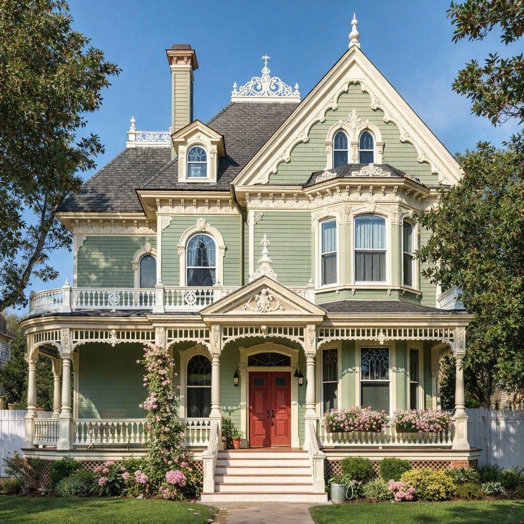 Victorian mansion with ornate white details, wrap porches, red door, flower gardens, and trees flanking the home