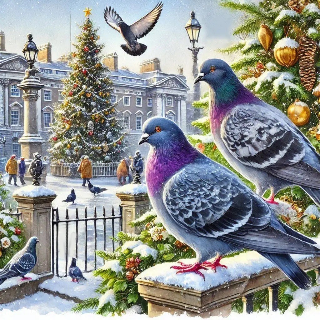 Pigeons on snowy fence in decorated town square with Christmas tree and historic buildings