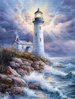 Painting of a white lighthouse on rocky cliffs with crashing ocean waves and dramatic cloudy sky with sunbeams