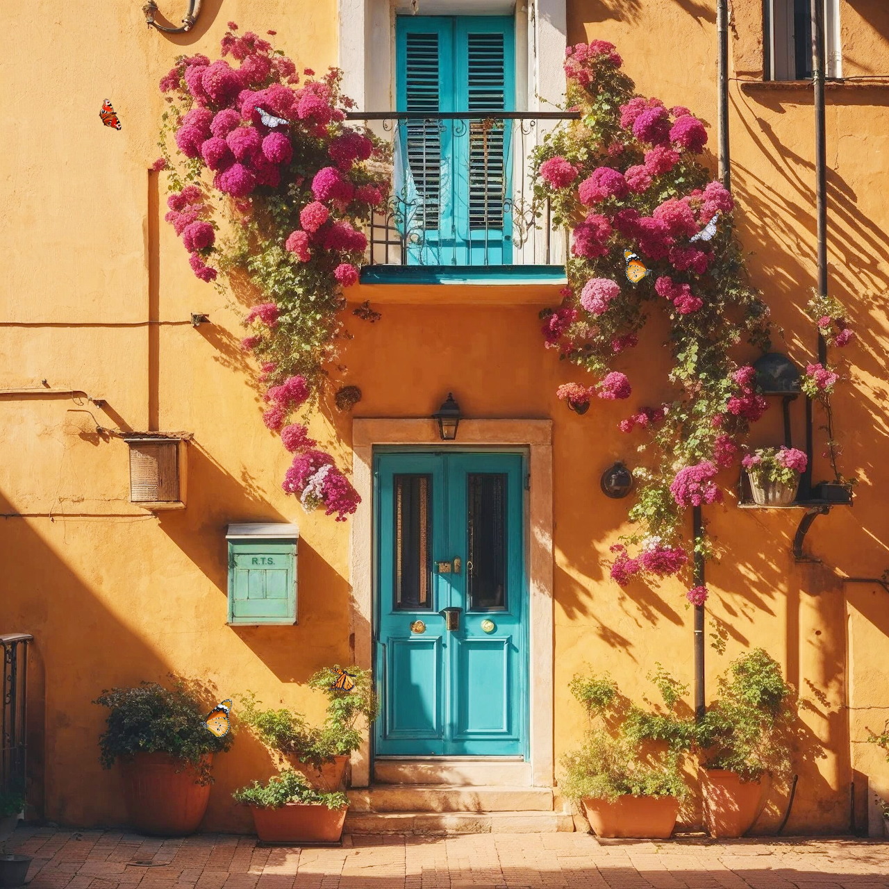 Mediterranean house with turquoise door, window shutters, and pink flowers cascading down yellow walls